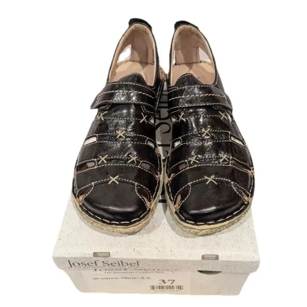 Josef Seibel Ida Black Sandals Loafers‎ Womens Sz US 6.5 EU 37 Leather Fisherman